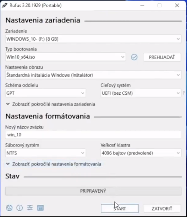 nastavenie formátovania v programe Rufus